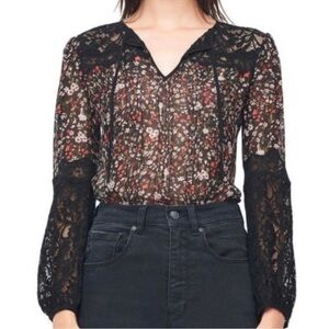 Rebecca Taylor Black Lyra Silk Lace Mesh Floral Blouse Size 0